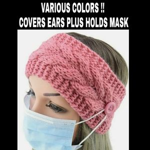 HEADBAND EARMUFF KNIT CROCHET W MASK HOLDER BUTTON